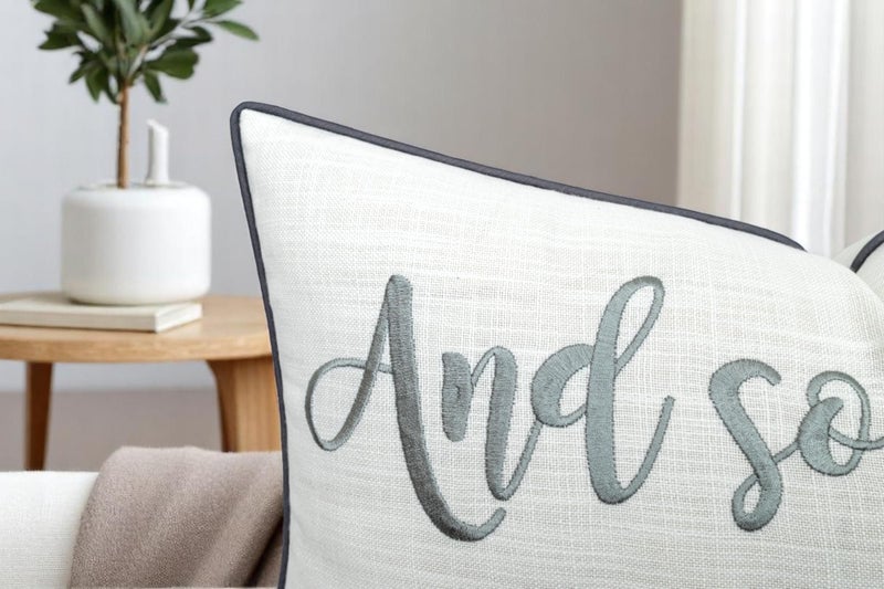 YugTex Romantic Couple Love Sentiment Embroidered Decorative Sayings Lumbar Accent Throw Pillowcase - and So Together Phrase Decor for Wedding, Anniversary, Valentine - 12x20 Inches, Ivory-Grey - Image 3